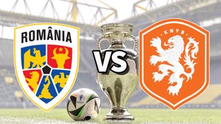 The Romania and Netherlands club badges on top of a photo of the Euro 2024 trophy and match ball