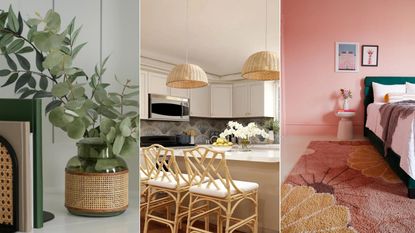 Three Walmart products: a small green and rattan vase, two rattan light fixtures in a kitchen and a floral shag rug in a pink bedroom