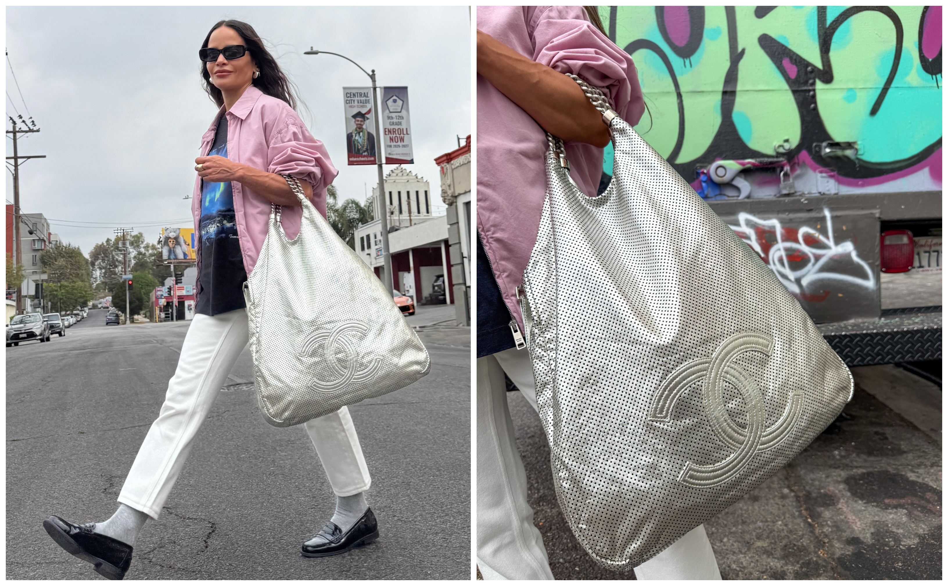 collage of Sophie Lopez wearing metallic designer bag, white pants, a pink button-down, and loafers with socks
