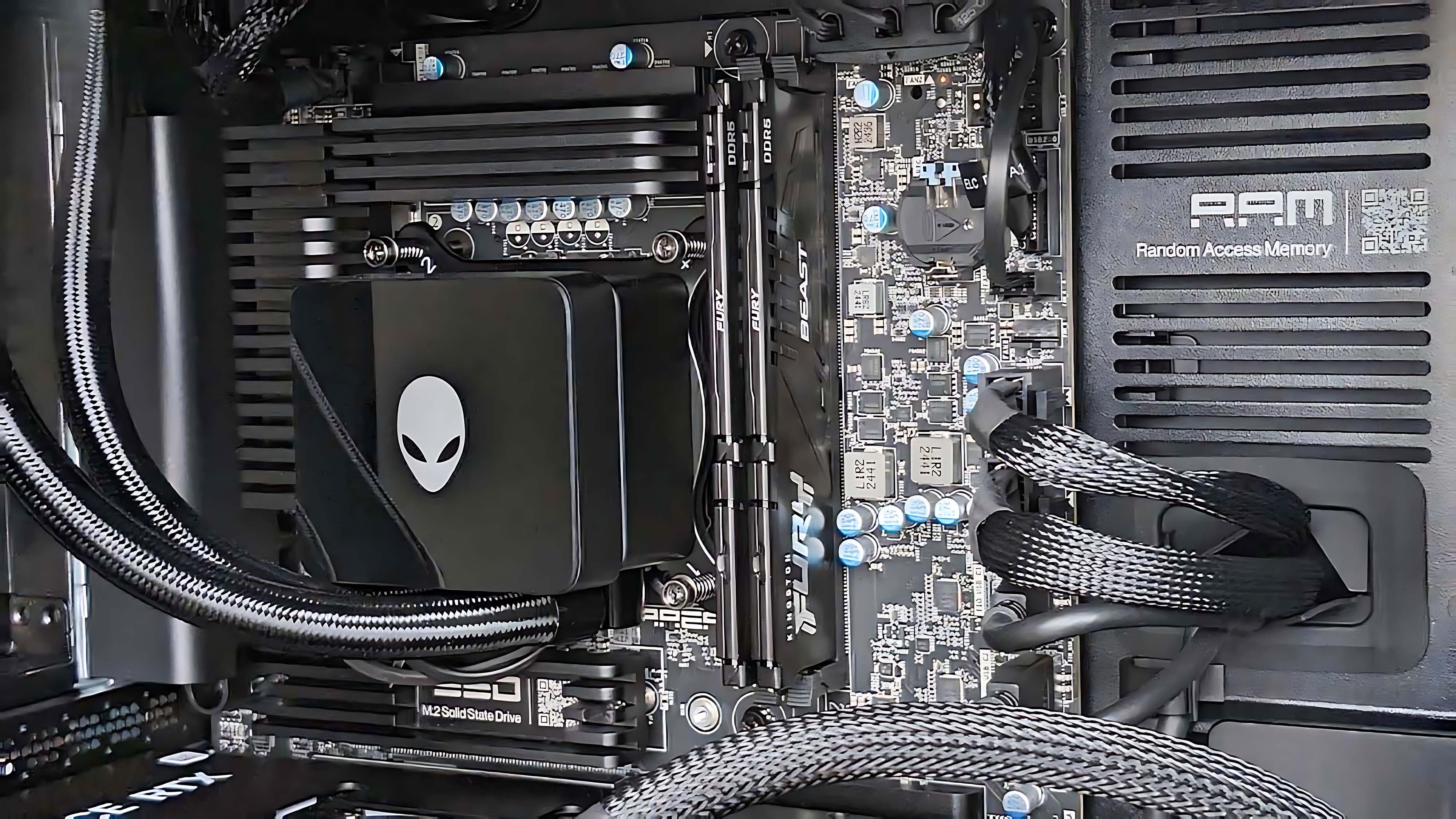 Closeup of the CPU and RAM in the Alienware Area-51 Gaming Desktop (2025) with RGB off.