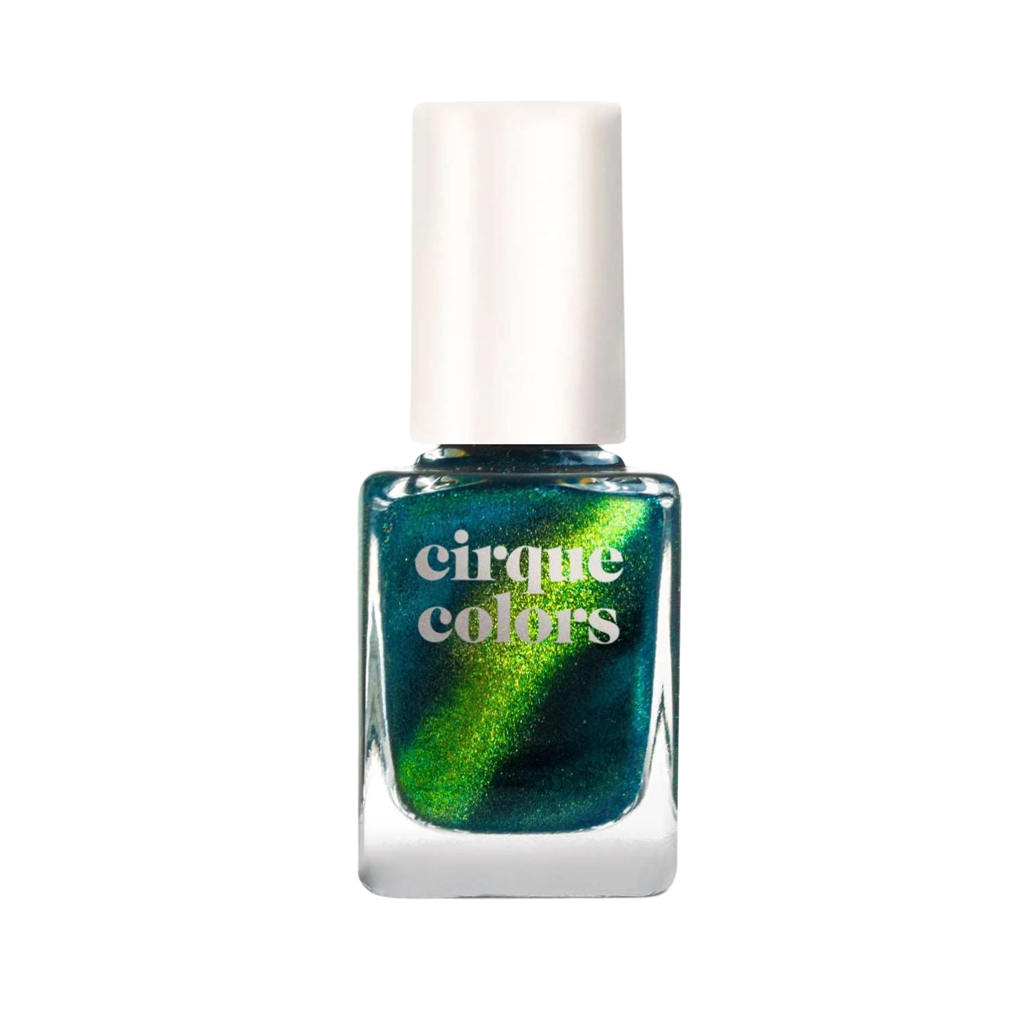 A multichrome blue green nail polish by Cirque Colors.