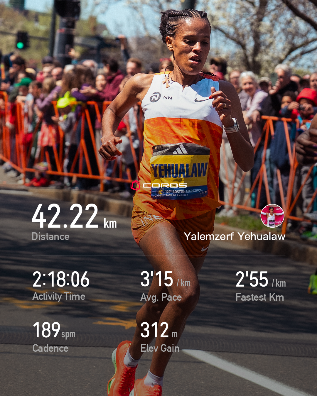 COROS exported workout results for a partnered runner at the Boston Marathon.