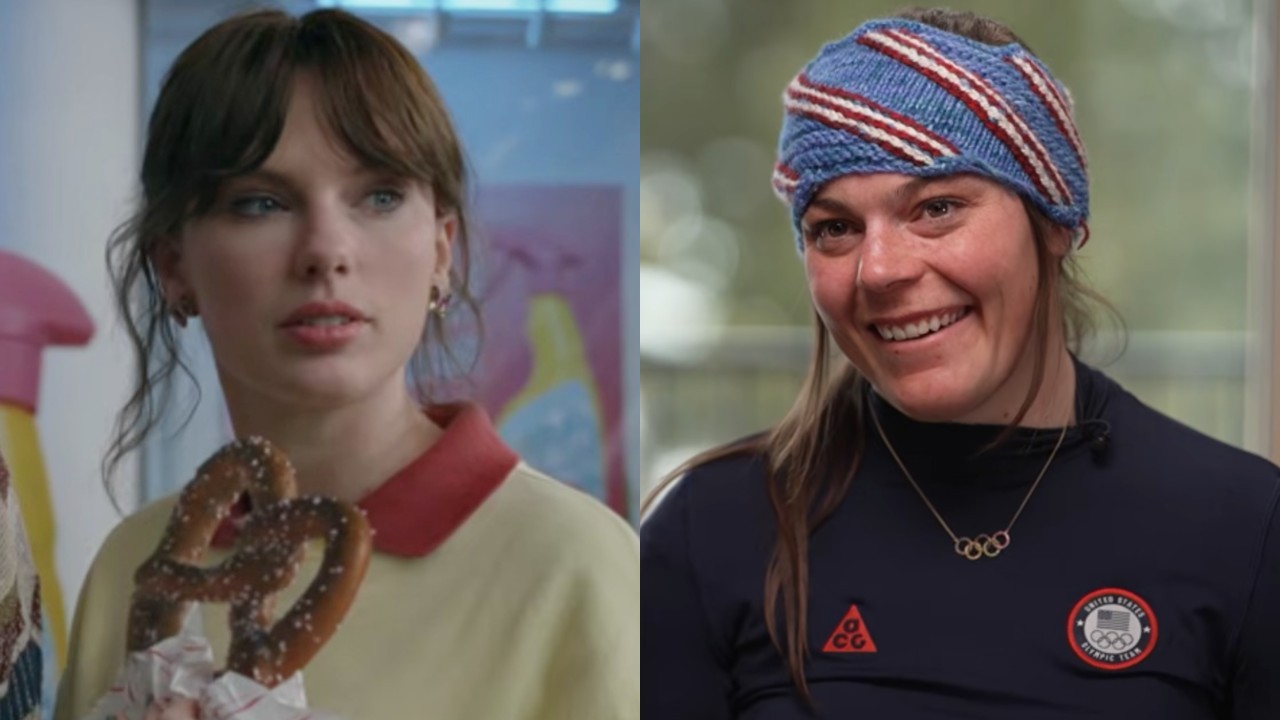 From left to right: Taylor Swift holding a pretzel in the Opalite music video and Breezy Johnson smiling during an interview with CBS News. 