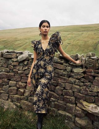 Black Floral Frill Sleeve Layla Midi Dress