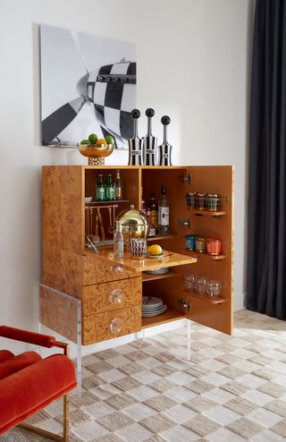home bar cabinet made of burled walnut