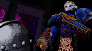A towering blue-and-silver armored warrior with glowing red eyes and a gold-trimmed cape looms over a smaller figure in a dark, ominous setting.