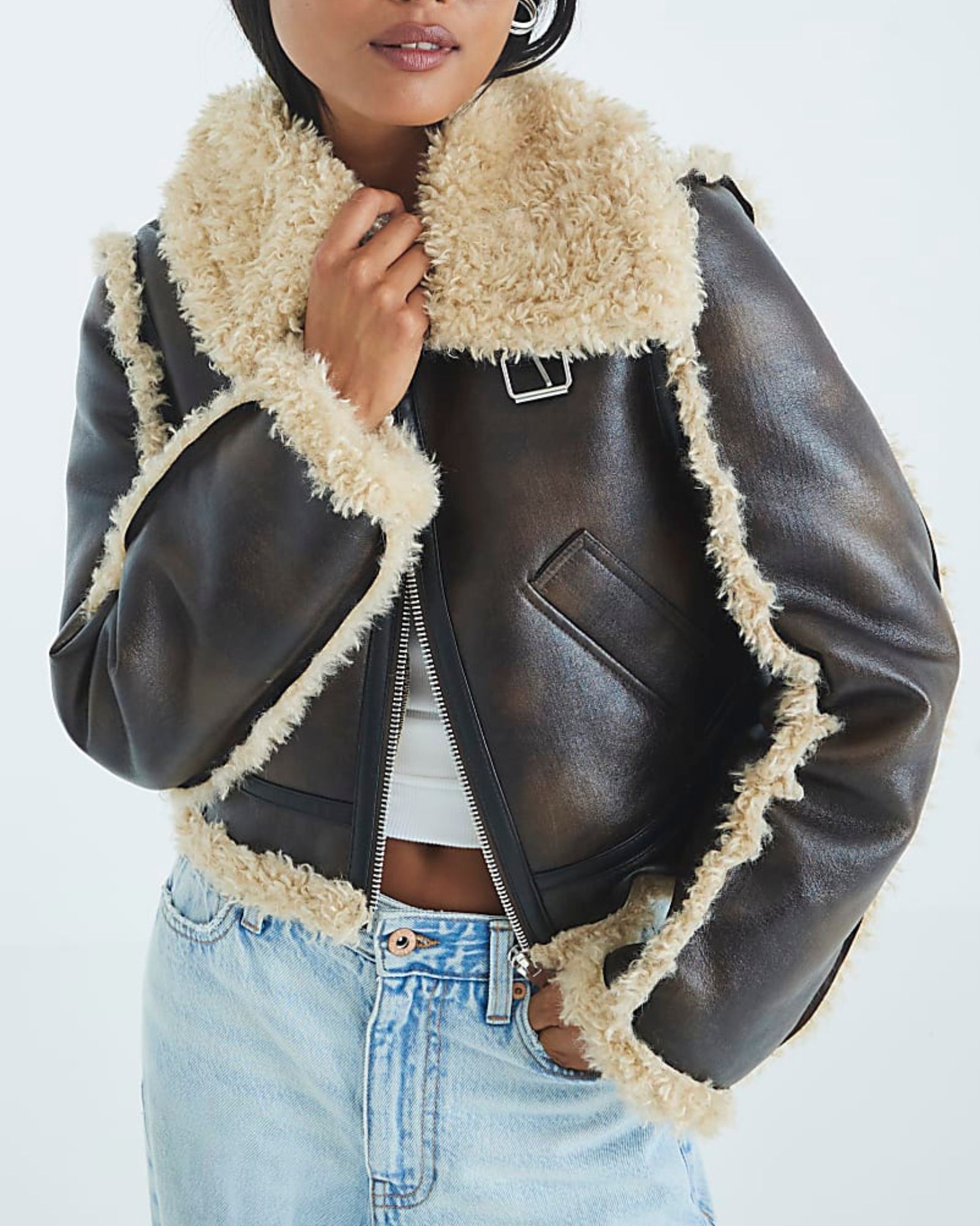 River Island Petite Brown Faux Shearling Aviator Jacket