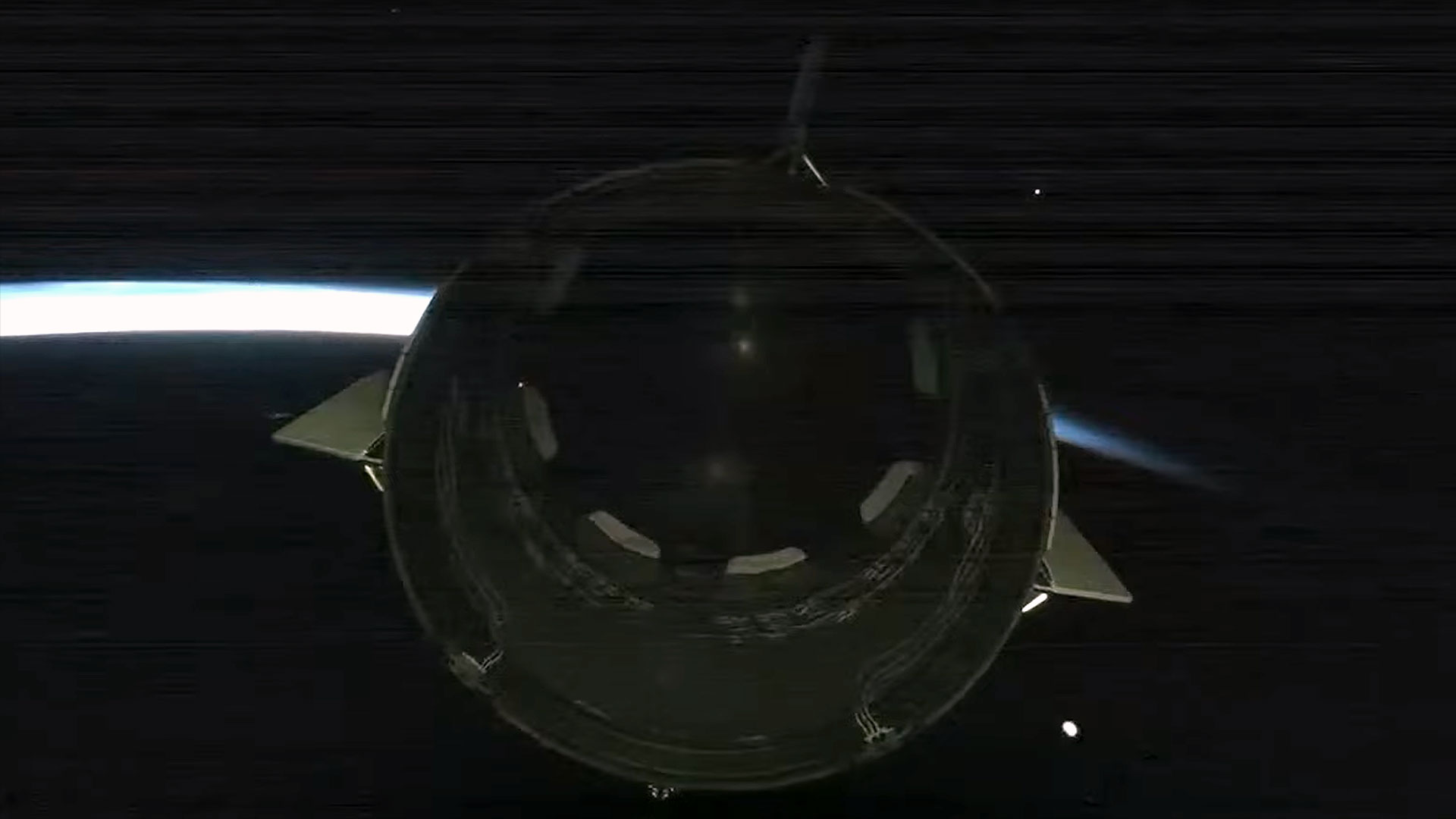 a space capsule seen from behind flies into an orbital sunrise