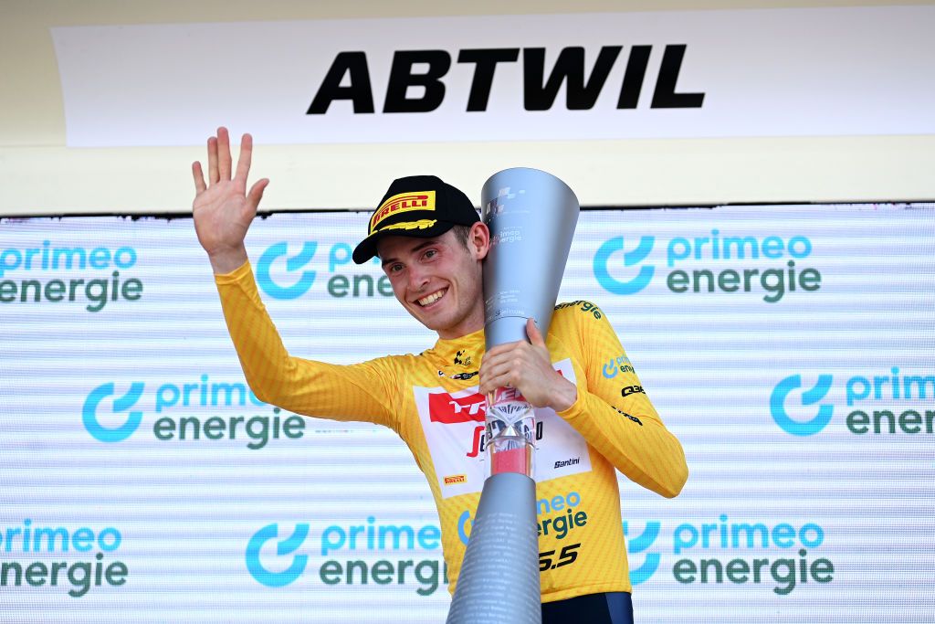 ABTWILL SWITZERLAND JUNE 18 Mattias Skjelmose Jensen of Denmark and Team TrekSegafredo Yellow Leader Jersey celebrates at podium race overall winner during the 86th Tour de Suisse 2023 Stage 8 a 257km individual time trial from St Gallen to Abtwil UCIWT on June 18 2023 in Abtwil Switzerland Photo by Tim de WaeleGetty Images