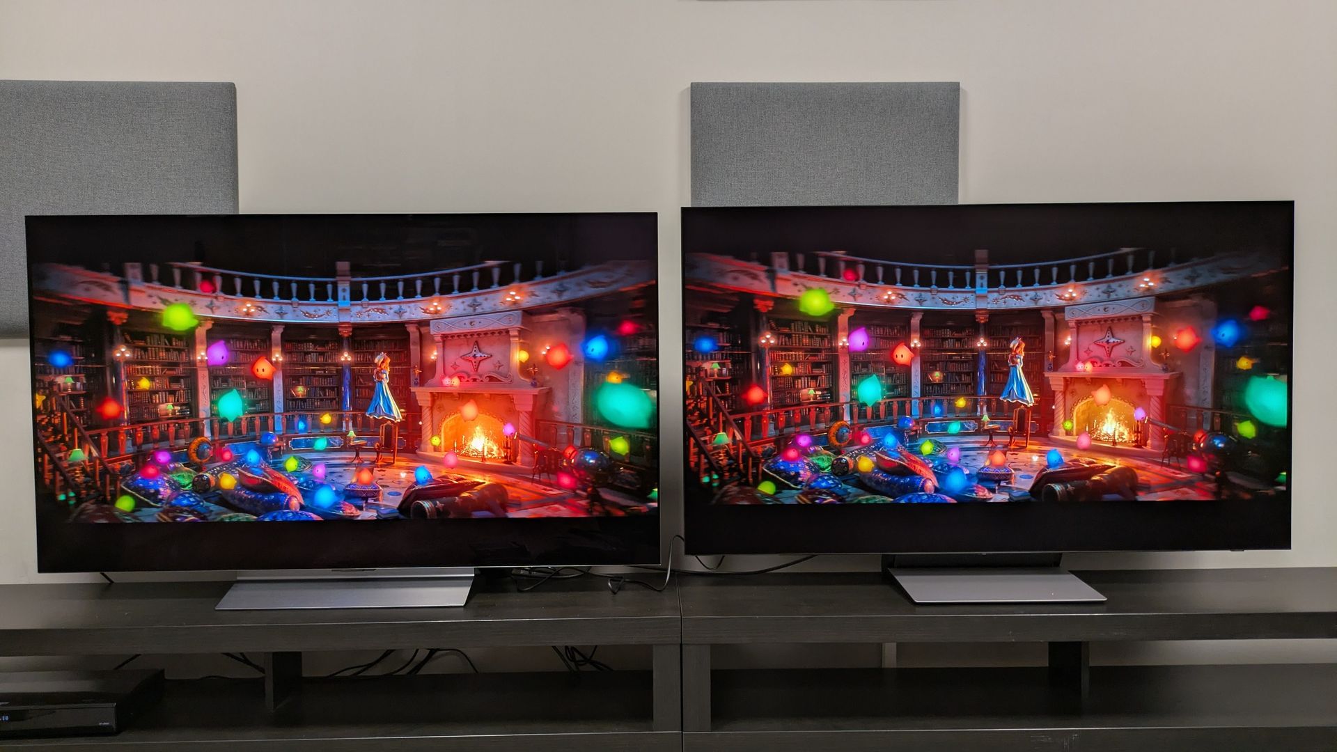 LG C6 (left) and Samsung S90H (right) showing shot of Lumas by fireplace from the super mario galaxy movie. Both TVs have excellent colors, but the C6's are slightly brighter