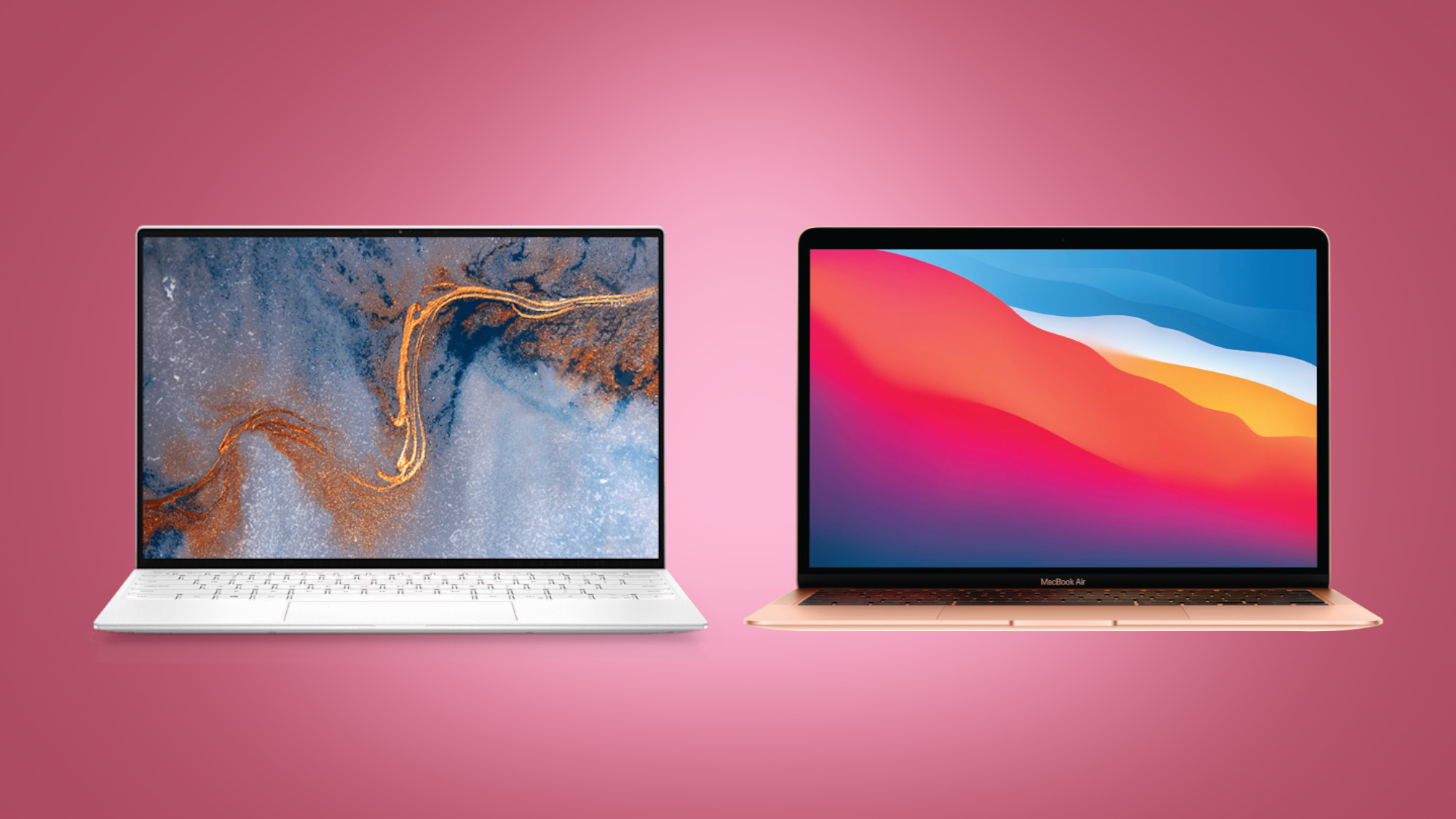 Cyber Monday laptop deals: Dell XPS 13 and MacBook Air on pink background