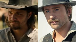 From left to right: Luke Grimes in a cowboy hat in Yellowstone and Brandon Sklenar in a wide-brimmed hat in 1923.