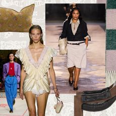 A collage of models walking the runway and home decor pillows, a blanket, and chair.