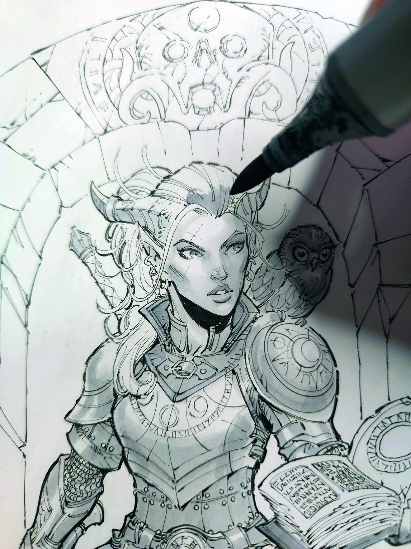 An image showing a step from a drawing tutorial on how to draw a fantasy character in pencil, pen and marker