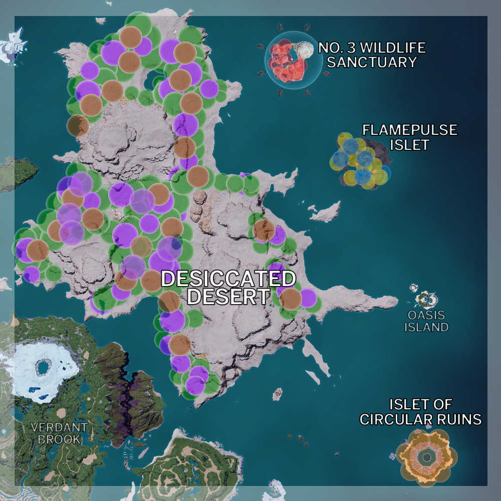 Palworld map showing Desiccated Desert, No. 3 Wildlife Sanctuary, Islet of Circular Ruins and Flamepulse Islet. It highlights where to find new pals also.