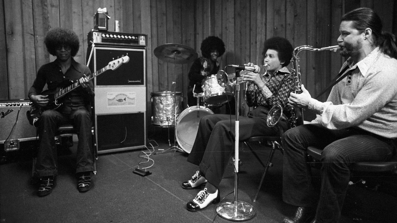 Psychedelic soul group 'Sly & The Family Stone' records in the studio on April 3, 1973.