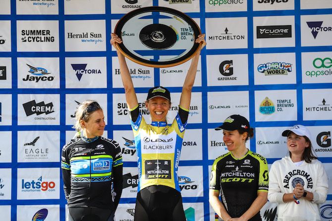 The final podium at the 2019 Women's Herald Sun Tour: winner Lucy Kennedy with Amanda Spratt and Brodie Chapman