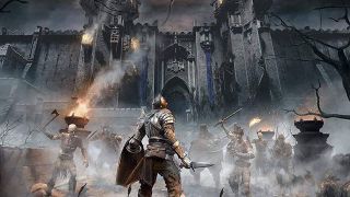 A Knight stands in a bridge full of weapon-wielding skeletons, as they look up at a castle gate