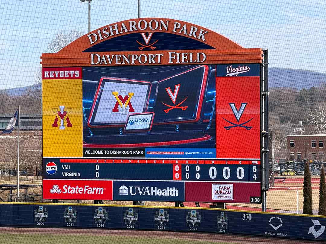 The new LED scoreboard at UVA baseball field.