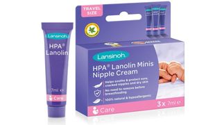 Purple and pink packaging of nipple cream