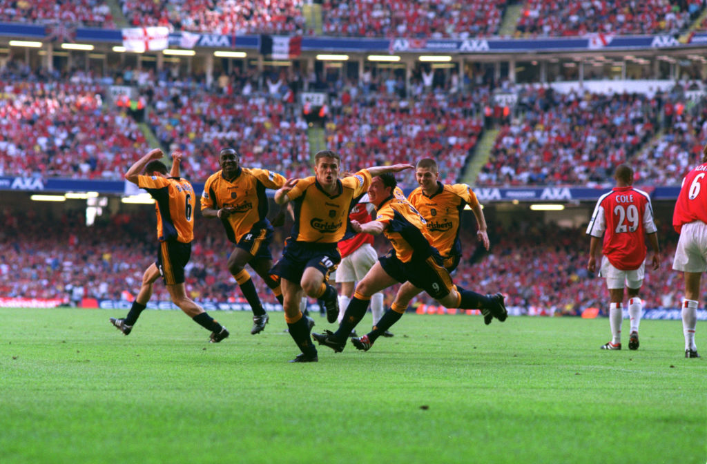 12 May 2001 - FA Cup Final - Arsenal v Liverpool - Michael Owen (centre) of Liverpool celebrates with teammates, (from l to r) Markus Babbel, Emile Heskey, Robbie Fowler and Steven Gerrard after scoring the winning goal. (Photo by Mark Leech/Getty Images)