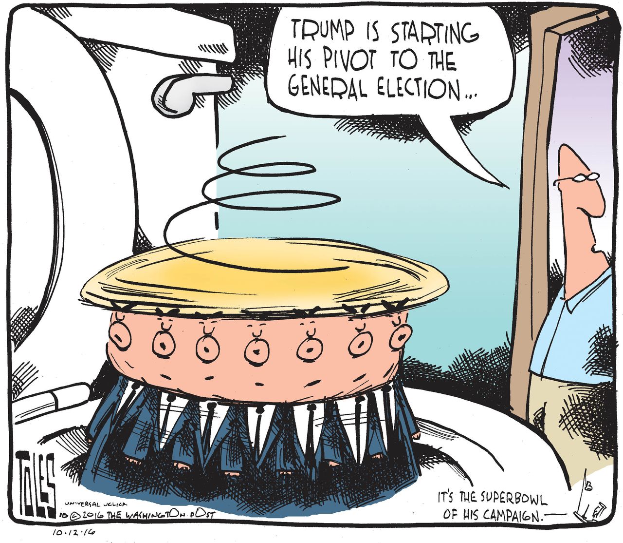 Political cartoon U.S. 2016 election Donald Trump toilet campaign