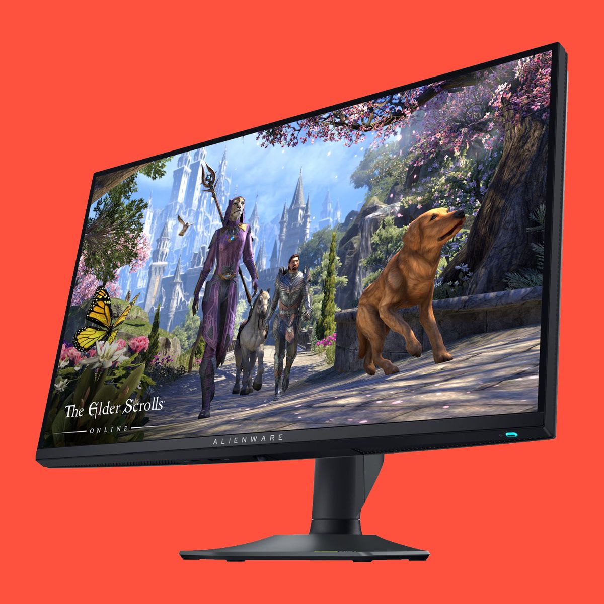 The Alienware AW2725QF gaming monitor on a red background