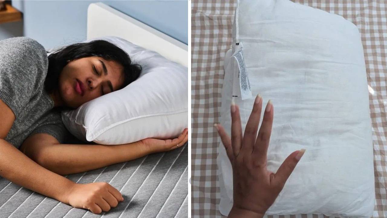Tom's Guide bedding expert Becky George lies on her side on a new supportive pillow. On the right hand side she performs a 30-second fold test on her old pillow to see if it needs replacing