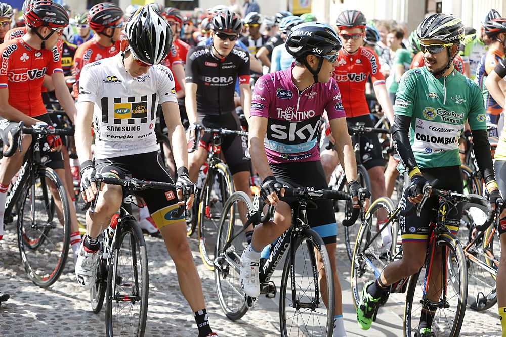 Richie Porte (Team Sky) on the start line wearing the leader's jersey