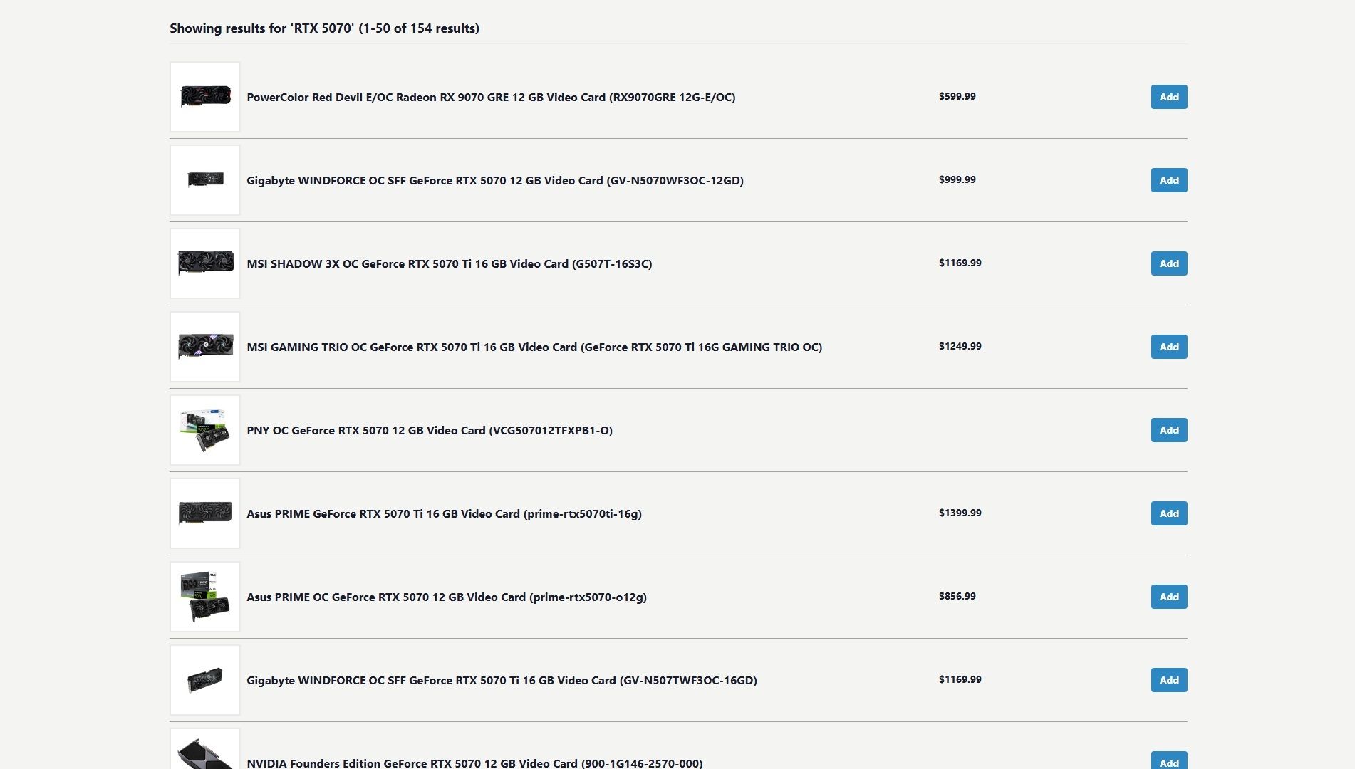 A display of various graphics cards for the RTX 5070 series, featuring different brands and models with specifications and prices listed.