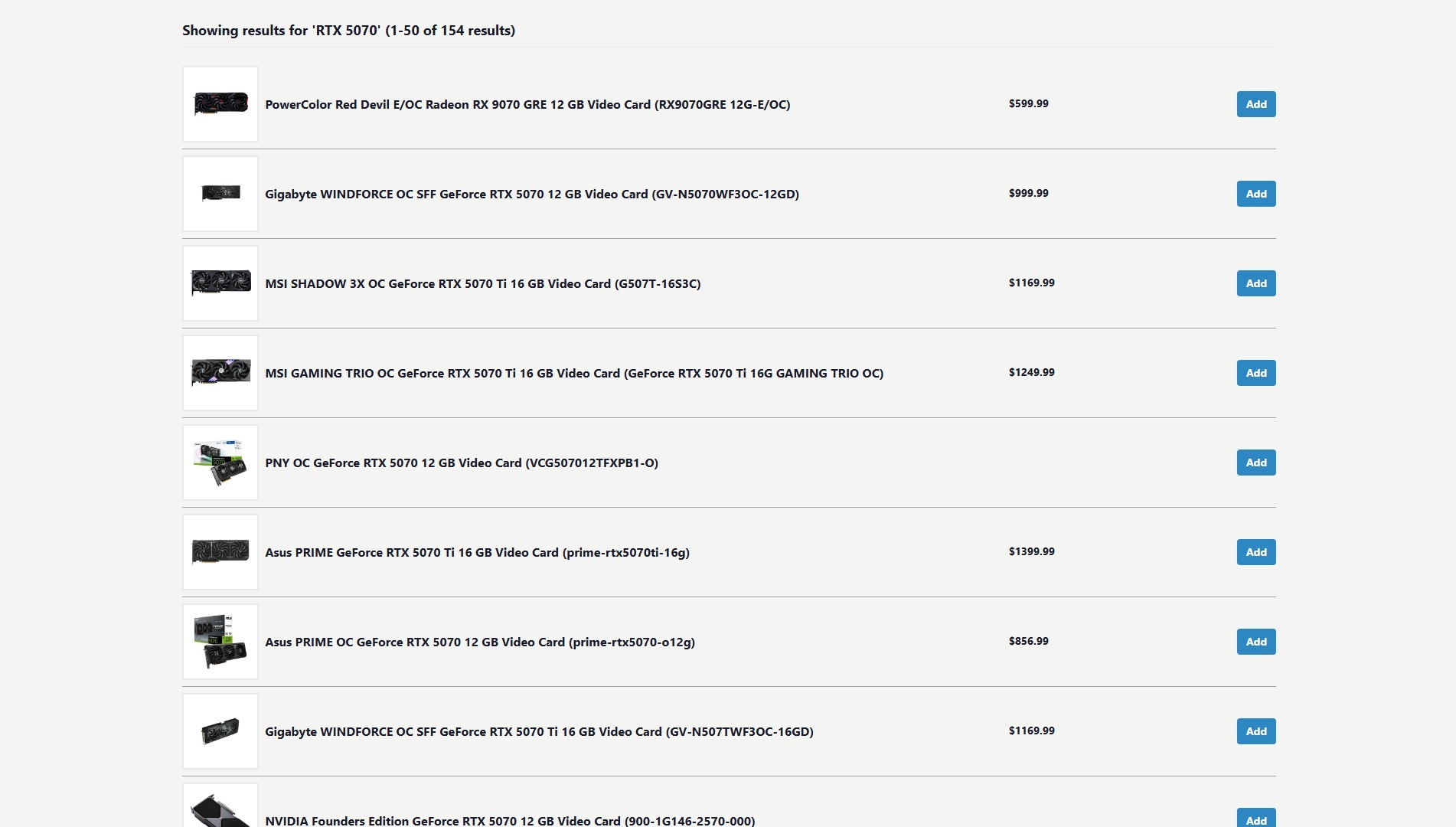 A display of various graphics cards for the RTX 5070 series, featuring different brands and models with specifications and prices listed.