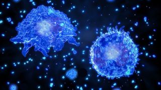 large immune cells, depicted in blue, surrounded by smaller cytokines on a black background