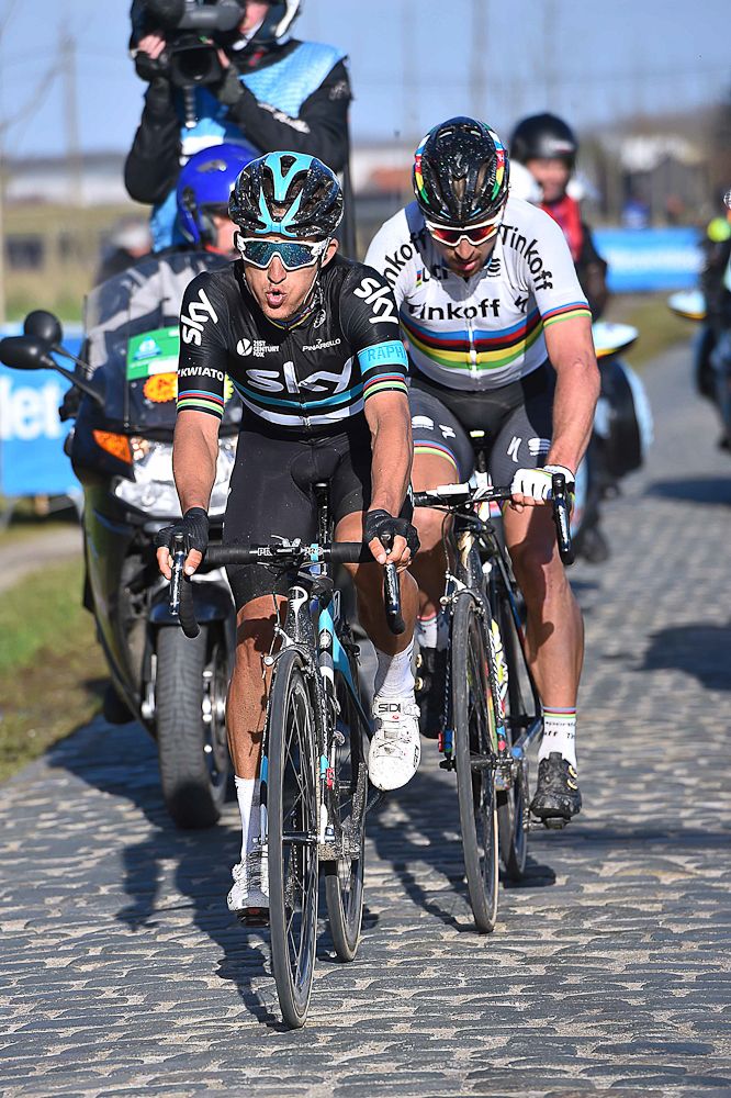 Peter Sagan (Tinkoff) and Michal Kwiatkowski (Team Sky) power toward the finish of E3 Harelbeke