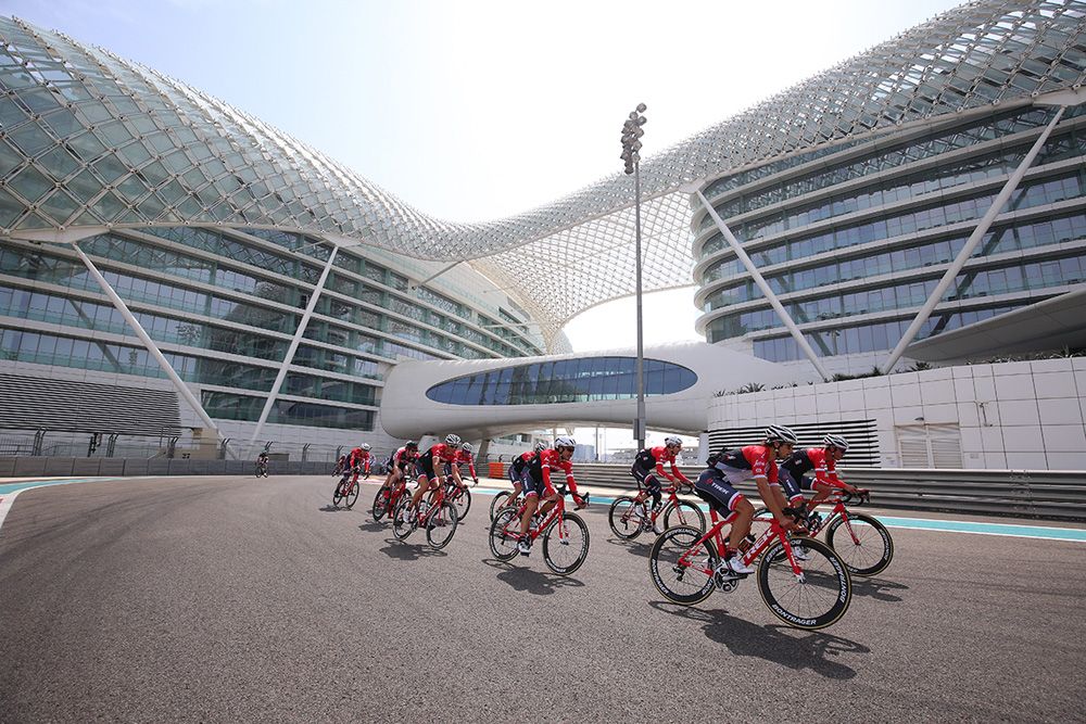 Trek-Segafredo train on the stunning Yas Marina circuit