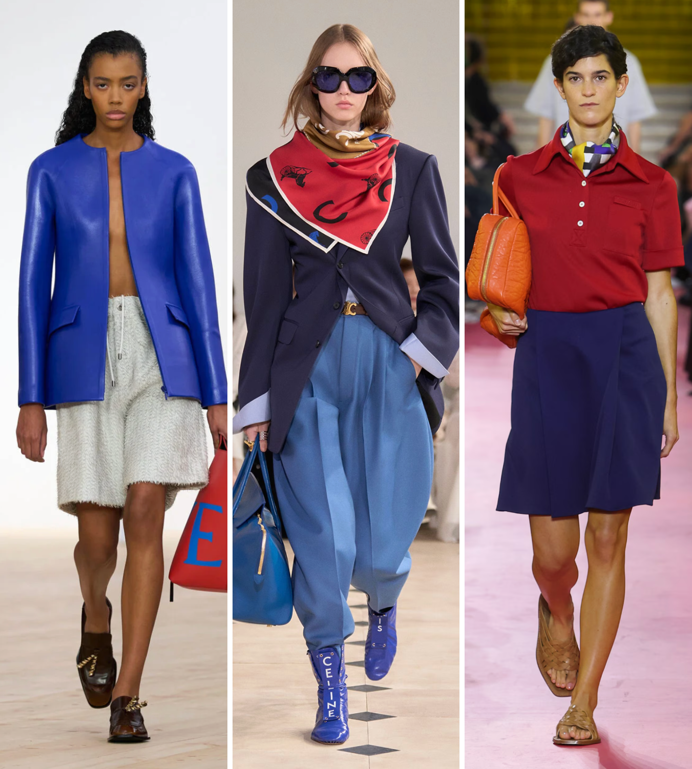 Loewe, Celine, Miu Miu red and blue summer outfits