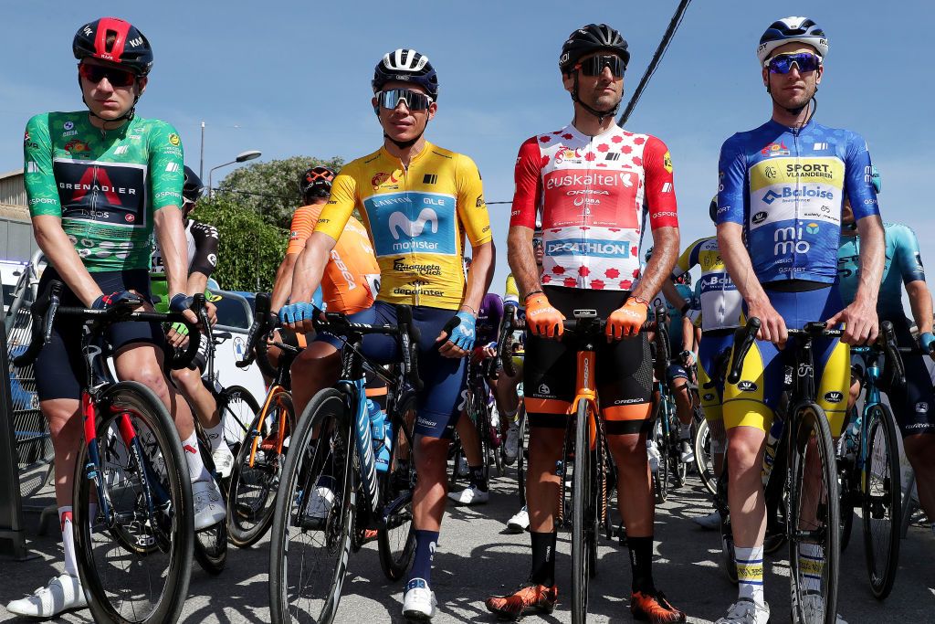 CLLAR VEGA SPAIN MAY 21 Ethan Hayter of United Kingdom and Team INEOS Grenadiers Green Points Jersey Miguel ngel Lpez Moreno of Colombia and Movistar Team yellow leader jersey Luis ngel Mat Mardones of Spain and Team Euskaltel Euskadi red mountain jersey Thomas Sprengers of Belgium and Team Sport Vlaanderen Baloise blue intermediate sprint jersey at start during the 67th Vuelta A Andalucia Ruta Del Sol 2021 Stage 4 a 1829km stage from Baza to Cllar Vega VCANDALUCIA on May 21 2021 in Cllar Vega Spain Photo by Gonzalo Arroyo MorenoGetty Images