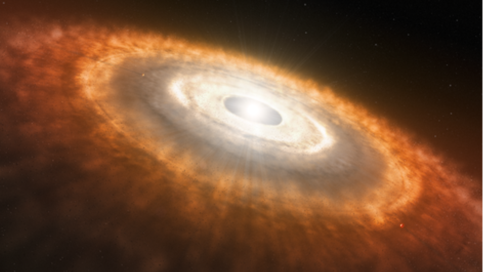 Illustration of a bright white star surrounded by a massive halo of reddish gas, dust, and other objects.