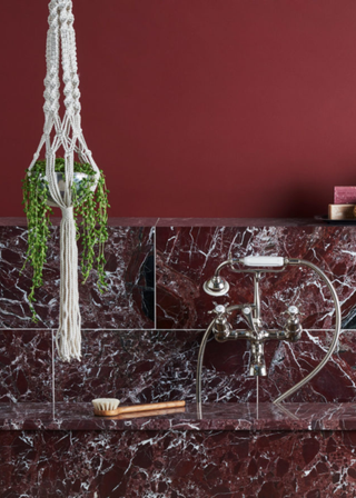 rosso levanto tiled bathtub with a hanging plant above the tub