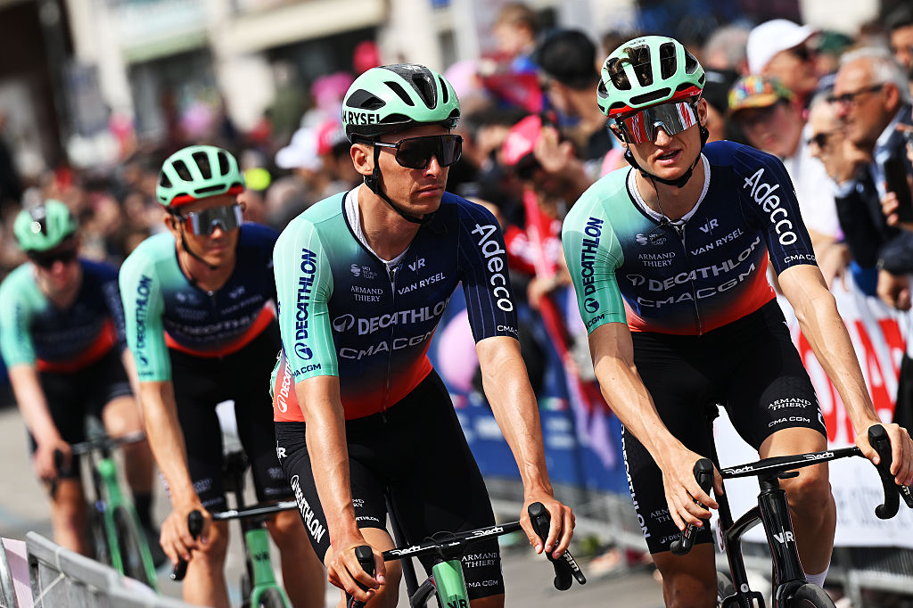 FORMIA, ITALY - MAY 15: (L-R) Oliver Naesen of Belgium and Felix Gall of Austria and Team Decathlon CMA CGM prior to the 109th Giro d&amp;amp;apos;Italia 2026, Stage 7 a 244km stage from Formia to Blockhaus 1658m / #UCIWT / on May 15, 2026 in Formia, Italy. (Photo by Dario Belingheri/Getty Images)