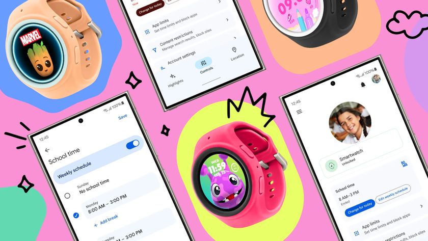 A colorful graphic showing screenshots of the new Galaxy Watch for Kids feature on both the Samsung Galaxy Watch 7 and parental controls within the smartphone app