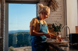 A woman cooks