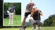 Jamie Donaldson coaching AimPoint and using the green reading method to read a putt