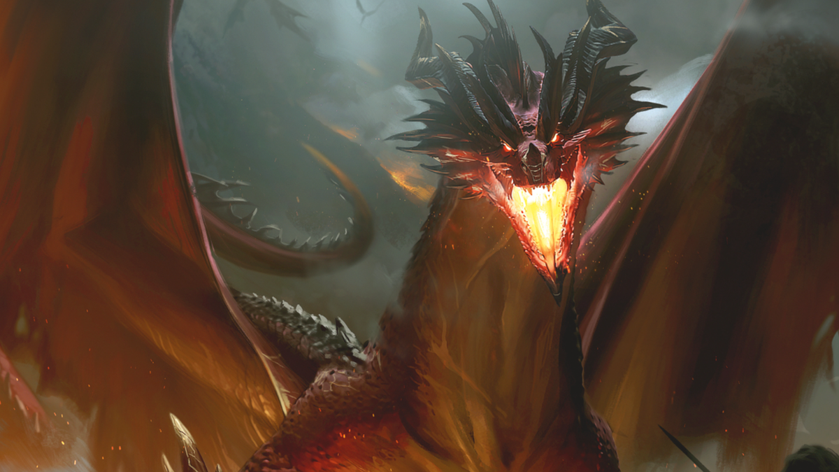 An ancient dragon opens its blazing maw, prepared to feast on the poor souls under its domain in the D&amp;D 2024 Monster Manual.