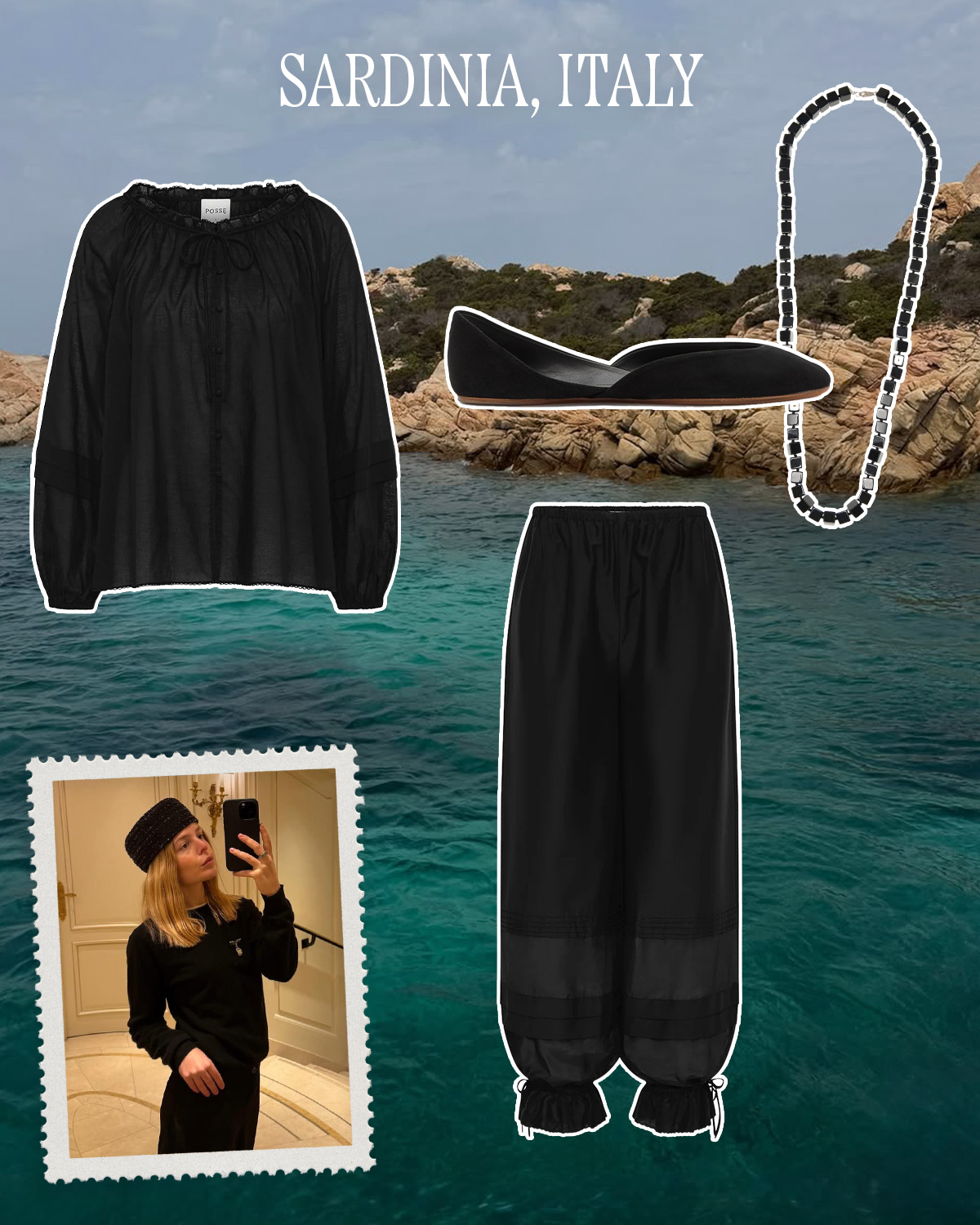 a collage of stylist and tastemaker outfits with vacation destination imagery and products featuring what to pack there