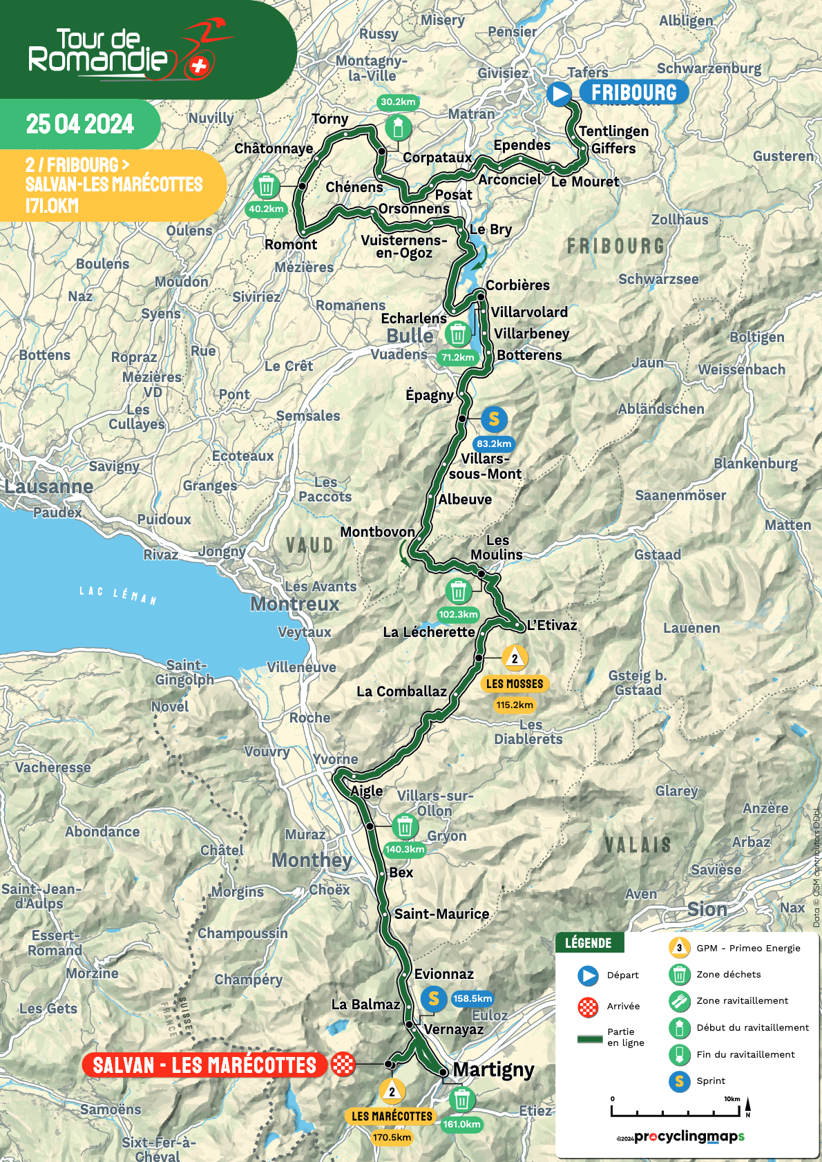 Stage 2 map of 2024 Tour de Romandie