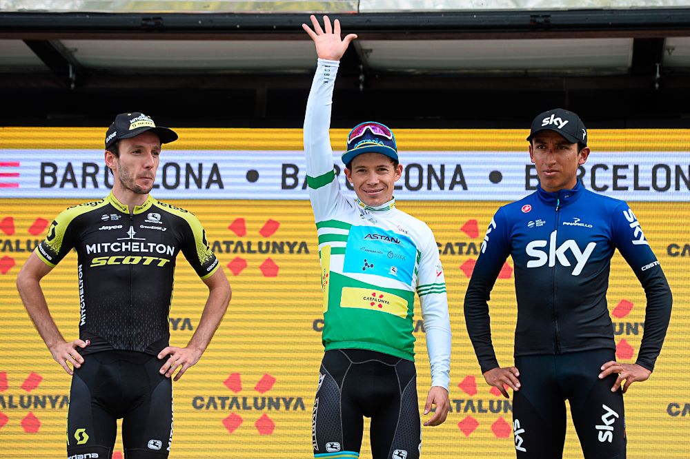 Adam Yates, Miguel Angel Lopez and Egan Bernal on the Catalunya podium