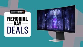 Samsung Odyssey OLED G8 next to GamesRadar+ Memorial Day deals badge with teal backdrop