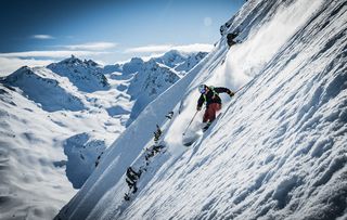 Aurelien Ducroz showing one of his favourite off-piste locations descending to Meribel