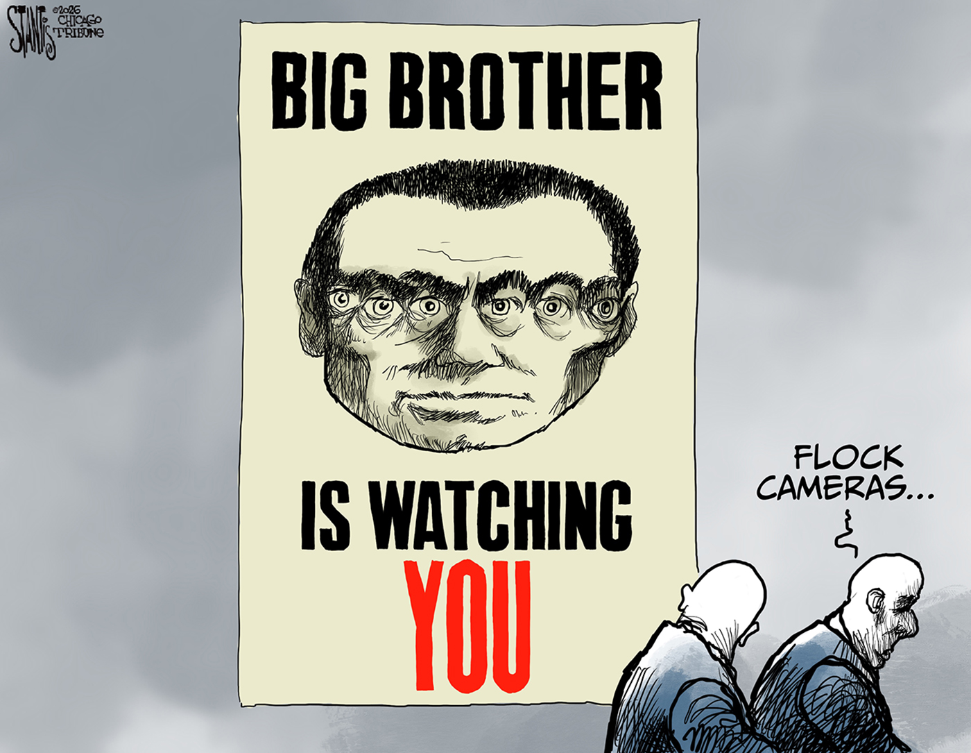 Two men walk past a poster labeled &amp;ldquo;BIG BROTHER IS WATCHING YOU&amp;rdquo;. The post depicts a man with six eyes. One of the men walking past says, &amp;ldquo;Flock cameras&amp;hellip;&amp;rdquo;