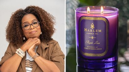 A split image of Oprah Winrey and the Harlem Candle Co.'s Purple Love candle